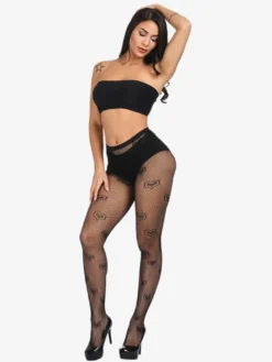 Collants résille taille haute imprimés lettres transparents élastiques à motifs.