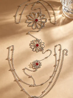 Collier de dos Daisy Hollow rouge strass avec pendentif fleur superposée pour femme