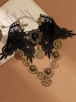 Collier Ras Du Cou En Dentelle Gothique Rétro Steampunk Détails En Métal Noir Vintage