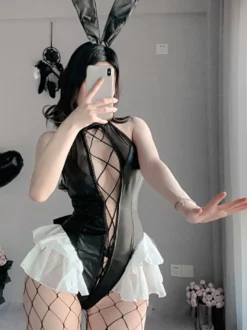 Combinaison cosplay lapin en similicuir à maille croisée style lapin