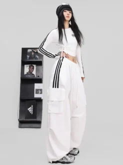 Combinaison de danse de rue pour femme tenue de jazz tendance blanche contrastée avec laçage pantalon hip-hop slim
