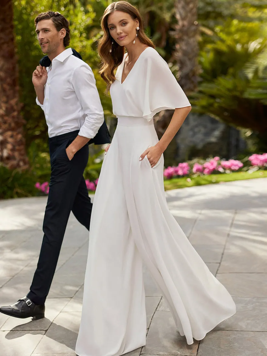 Combinaison de mariée col V manche courte boutonné sur dos