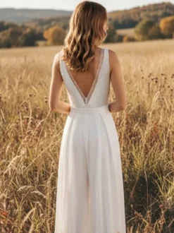 Combinaison de mariée en mousseline longue jusqu'au sol col en V sans manches taille naturelle ivoire