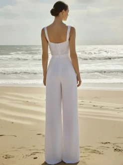 Combinaison de mariée 2 pièces en mousseline plissée avec traîne décolleté cœur sans manches taille naturelle couleur ivoire