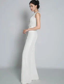 Combinaison de mariée 2 pièces gilet en dentelle sans manche boutonné sur dos