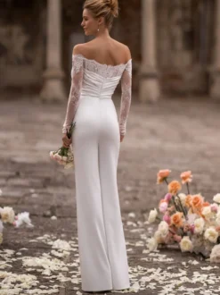 Combinaison de mariée Robe de mariée 2 Pièces Cou original Tissu de satin détail zip Robes de mariée