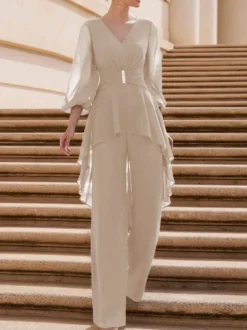 Combinaison de mère de mariée tenue d'invitée de mariage col V manche longue