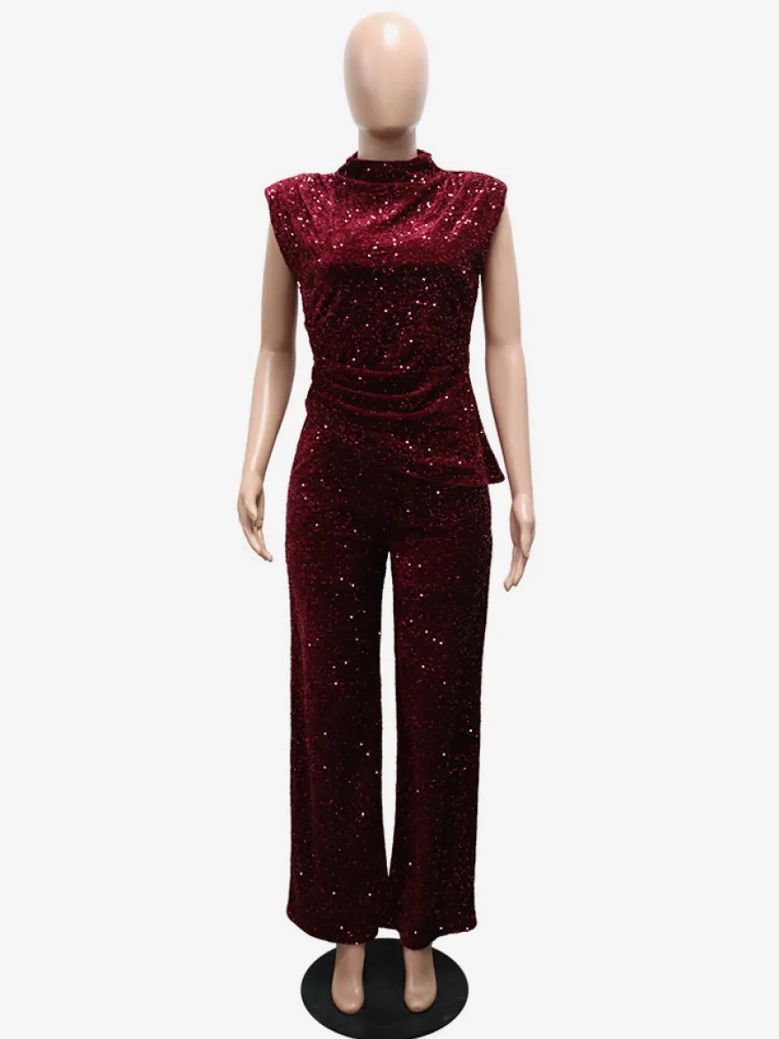 Combinaison de soirée sans manches à col montant et sequins scintillants jambes larges pour femme 2026