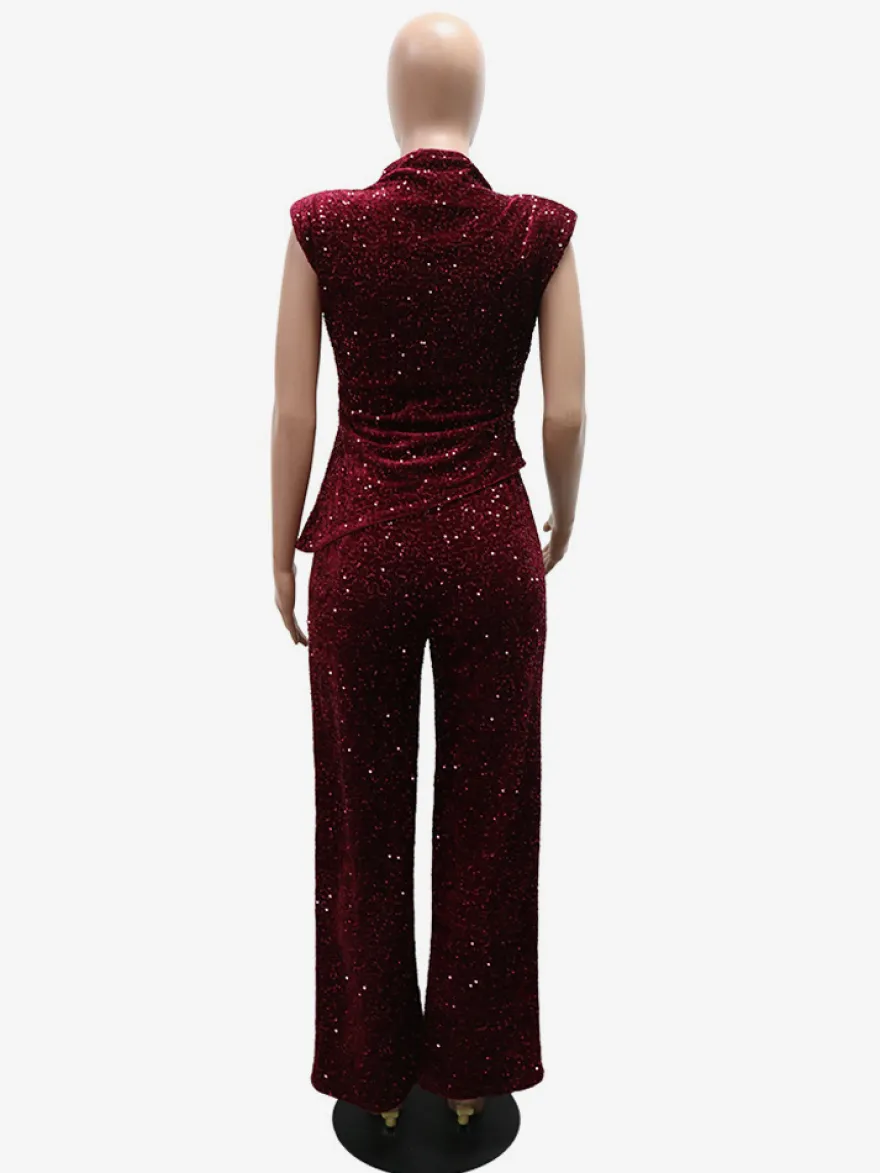 Combinaison de soirée sans manches à col montant et sequins scintillants jambes larges pour femme 2026