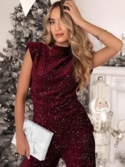 Combinaison de soirée sans manches à col montant et sequins scintillants jambes larges pour femme 2026