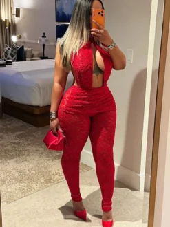 Combinaison de soirée sexy à col rond en dentelle sans manches et dos nu sans manches
