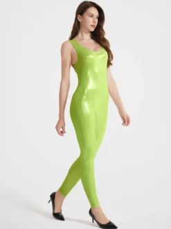 Combinaison de sport brillante à bretelles pour femme sexy pour le yoga effet latex haute élasticité
