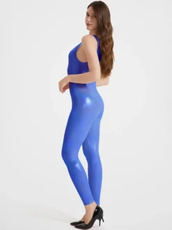 Combinaison de sport brillante à bretelles pour femme sexy pour le yoga effet latex haute élasticité