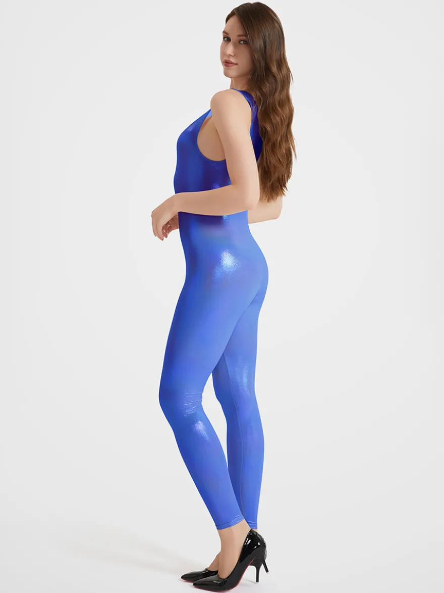 Combinaison de sport brillante à bretelles pour femme sexy pour le yoga effet latex haute élasticité