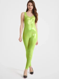 Combinaison de sport brillante à bretelles pour femme sexy pour le yoga effet latex haute élasticité