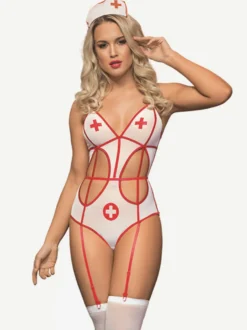 Combinaison d'infirmière pour femme lingerie teddy à bretelles ajourées avec bandeau et bas