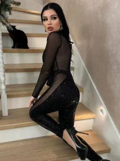 Combinaison en résille à sequins pour femme - Body sexy noir transparent à manches longues - Tenue de soirée printanière 2026
