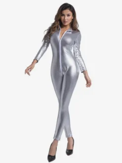 Combinaison intégrale brillante métallisée pour femme manches longues.