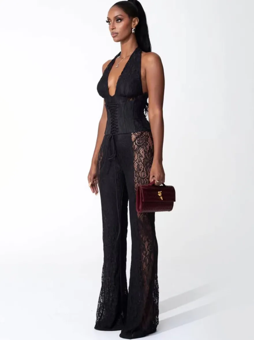 Combinaison-pantalon à col en V profond dos nu corset lacé patchwork de dentelle pour femme 2026