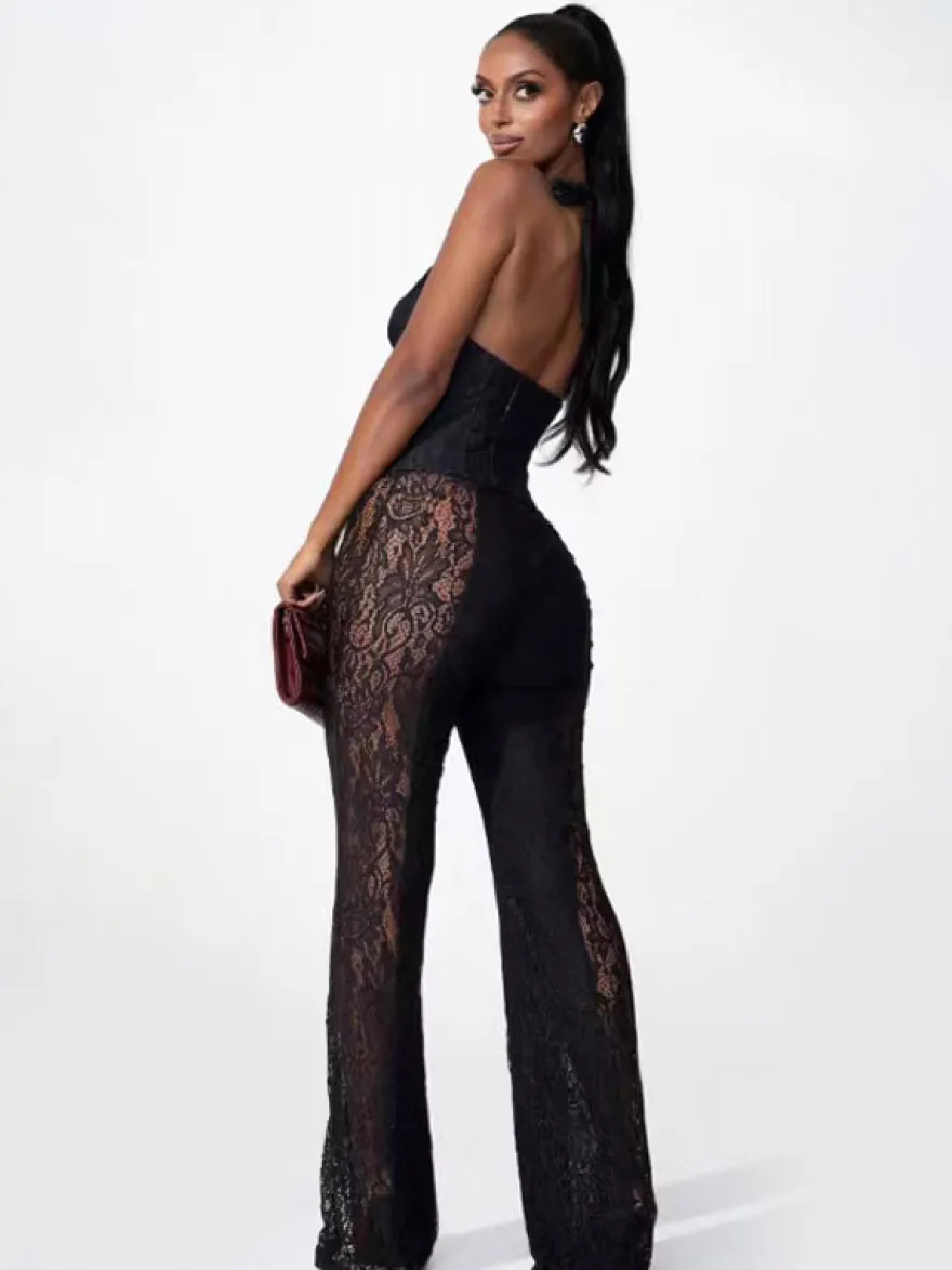 Combinaison-pantalon à col en V profond dos nu corset lacé patchwork de dentelle pour femme 2026