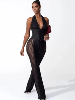 Combinaison-pantalon à col en V profond dos nu corset lacé patchwork de dentelle pour femme 2026