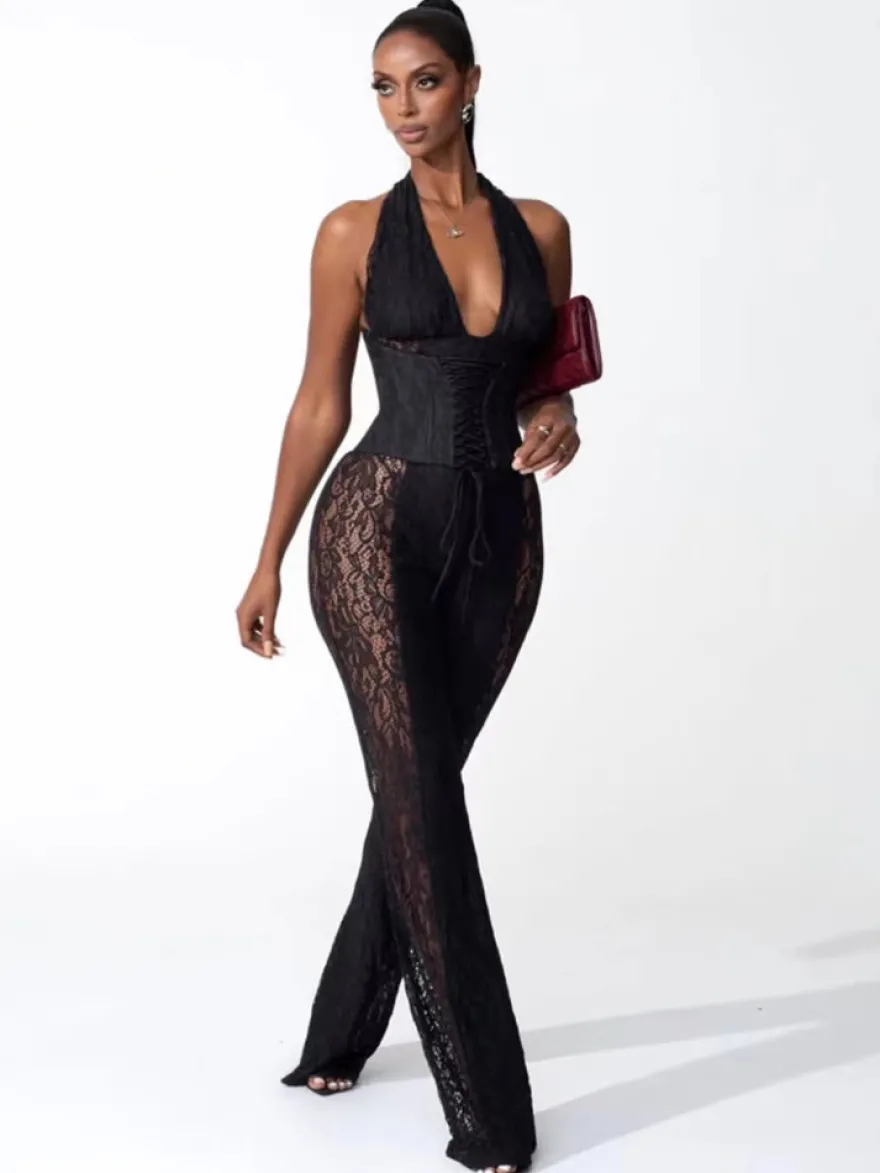 Combinaison-pantalon à col en V profond dos nu corset lacé patchwork de dentelle pour femme 2026
