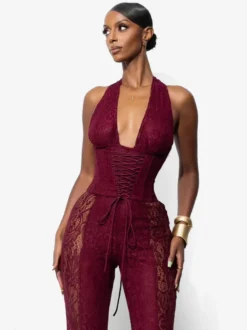 Combinaison-pantalon à col en V profond dos nu corset lacé patchwork de dentelle pour femme 2026