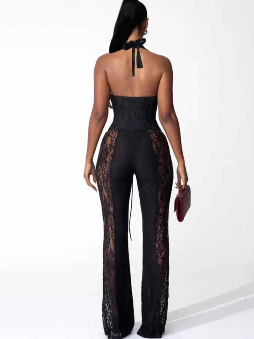 Combinaison-pantalon à col en V profond dos nu corset lacé patchwork de dentelle pour femme 2026