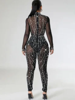 Combinaison séduisante strass transparente manches longues barboteuses skinny