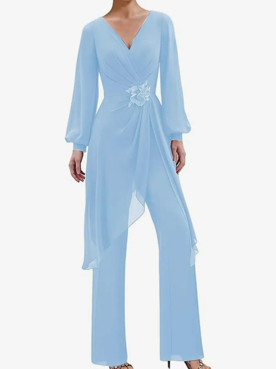 Combinaisons Robe mère de la mariée Col en V Manches longues Appliques Robes d'invité de mariage