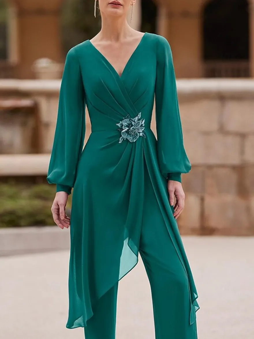 Combinaisons Robe mère de la mariée Col en V Manches longues Appliques Robes d'invité de mariage