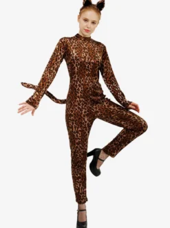Combinaisons zentai animales Halloween Ensemble de costumes en polyester imprimé léopard pour adultes