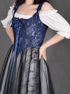 Corset bleu marine à imprimé floral bretelles réglables à nœud œillets sur le devant ourlet ondulé bustier sculptant la taille