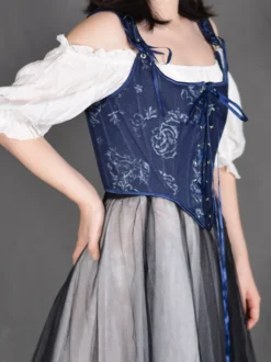 Corset bleu marine à imprimé floral bretelles réglables à nœud œillets sur le devant ourlet ondulé bustier sculptant la taille