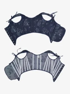 Corset bleu marine à imprimé floral bretelles réglables à nœud œillets sur le devant ourlet ondulé bustier sculptant la taille
