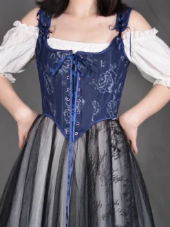 Corset bleu marine à imprimé floral bretelles réglables à nœud œillets sur le devant ourlet ondulé bustier sculptant la taille