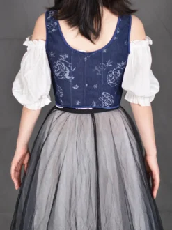 Corset bleu marine à imprimé floral bretelles réglables à nœud œillets sur le devant ourlet ondulé bustier sculptant la taille