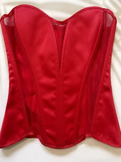 Corset bustier en satin à décolleté cœur empiècements en résille laçage au dos style vintage sculptant la taille