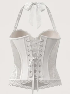 Corset dos nu en dentelle et résille avec soutien-gorge intégré nœud papillon laçage au dos et œillets bustier sculptant la taille