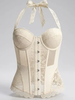 Corset dos nu en dentelle et résille avec soutien-gorge intégré nœud papillon laçage au dos et œillets bustier sculptant la taille