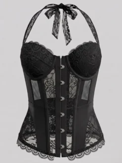 Corset dos nu en dentelle et résille avec soutien-gorge intégré nœud papillon laçage au dos et œillets bustier sculptant la taille