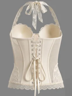 Corset dos nu en dentelle et résille avec soutien-gorge intégré nœud papillon laçage au dos et œillets bustier sculptant la taille