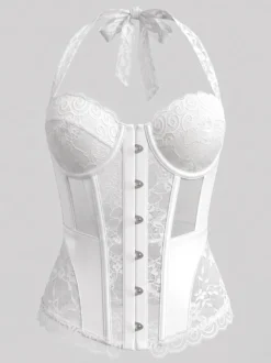 Corset dos nu en dentelle et résille avec soutien-gorge intégré nœud papillon laçage au dos et œillets bustier sculptant la taille