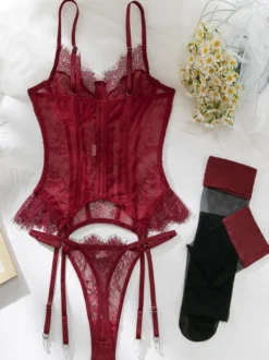 Corset en dentelle bordeaux lingerie sexy ensemble 3 pièces avec porte-jarretelles