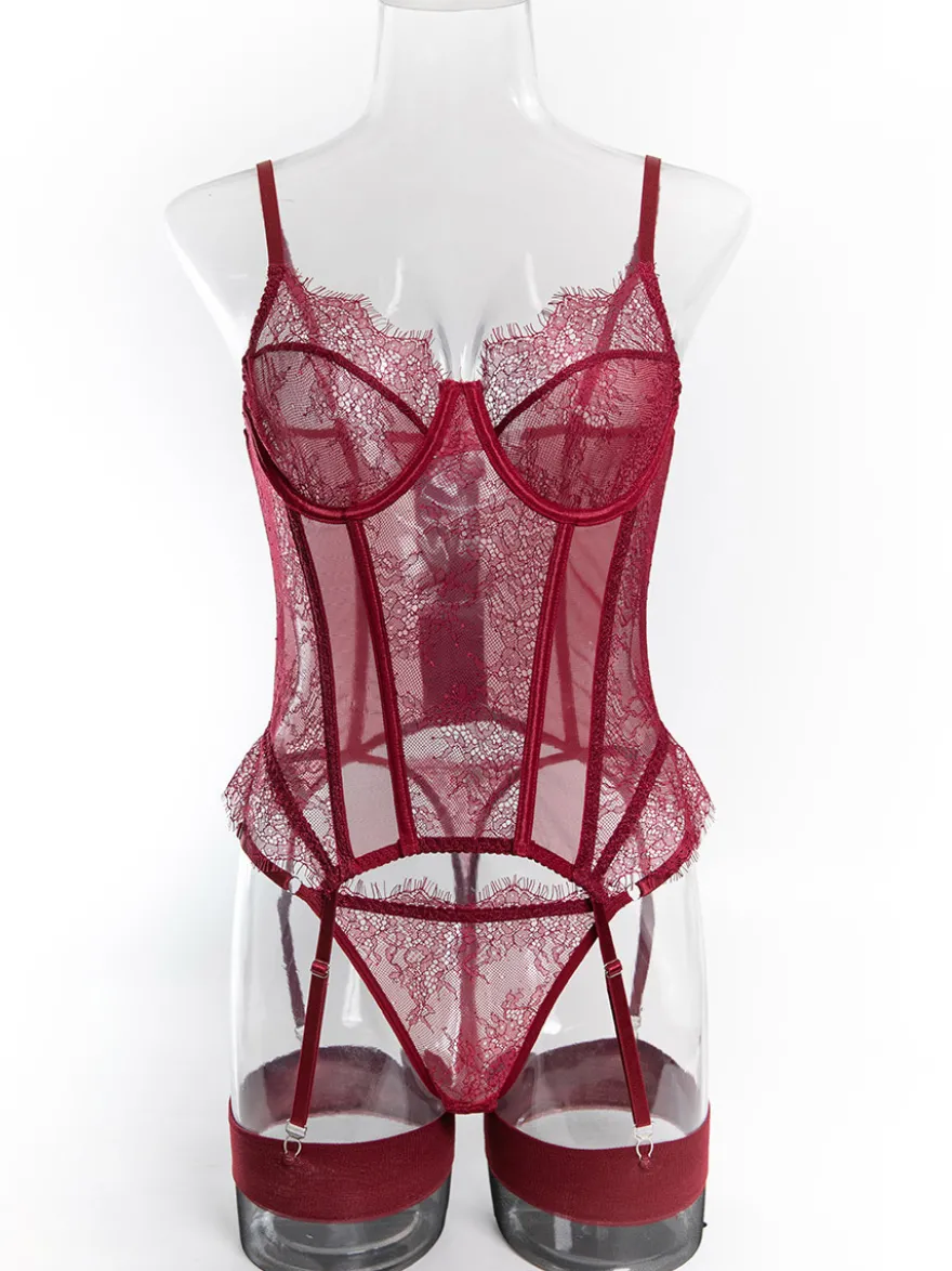 Corset en dentelle bordeaux lingerie sexy ensemble 3 pièces avec porte-jarretelles