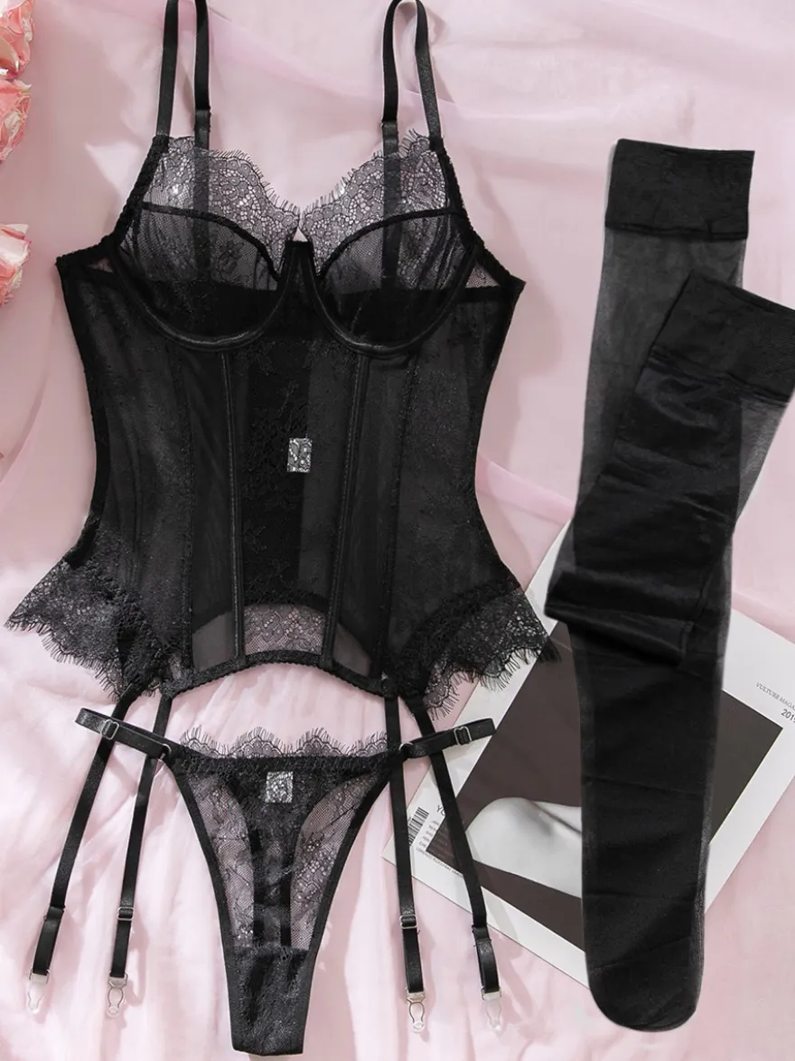 Corset en dentelle bordeaux lingerie sexy ensemble 3 pièces avec porte-jarretelles