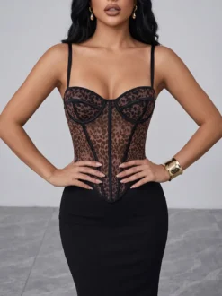Corset en dentelle léopard bustier transparent à armatures et fines bretelles décolleté en cœur