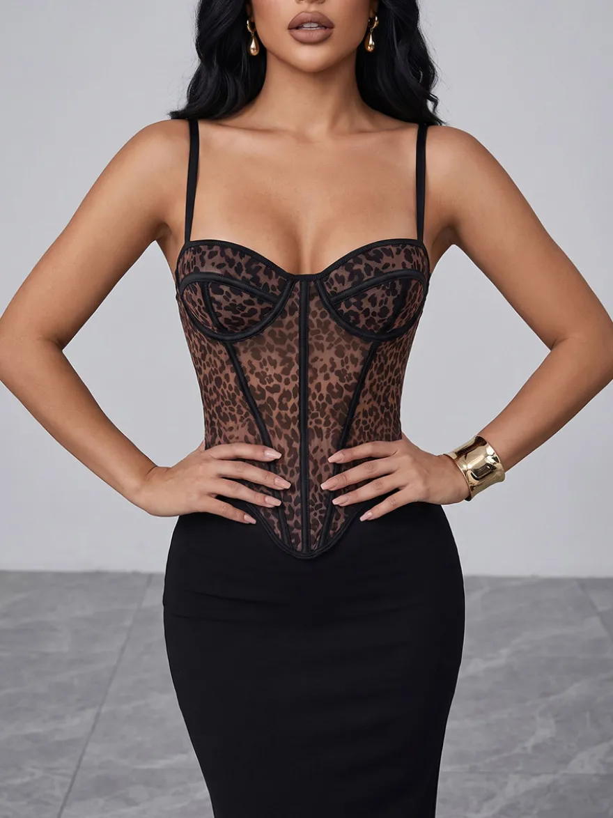 Corset en dentelle léopard bustier transparent à armatures et fines bretelles décolleté en cœur
