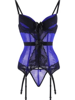 Corset Femme Lingerie Sexy en Dentelle avec Bretelles à Col Décolleté Coupe Cintrée Bicolores