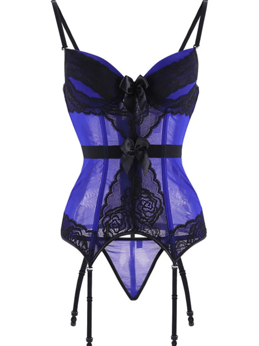 Corset Femme Lingerie Sexy en Dentelle avec Bretelles à Col Décolleté Coupe Cintrée Bicolores